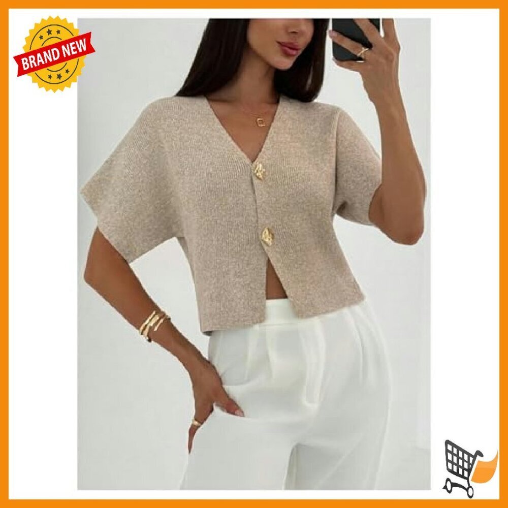Women's Short Sleeve Cardigan V Neck Button Down Office Sweater - Picture 5 of 6